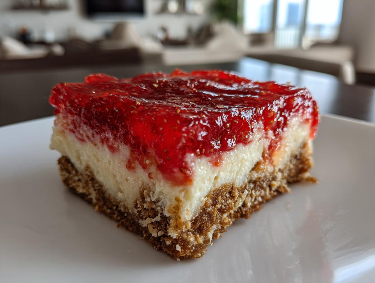A close-up of a slice of Strawberry Pretzel Salad, showcasing the pretzel crust, cream cheese layer, and strawberry topping.
