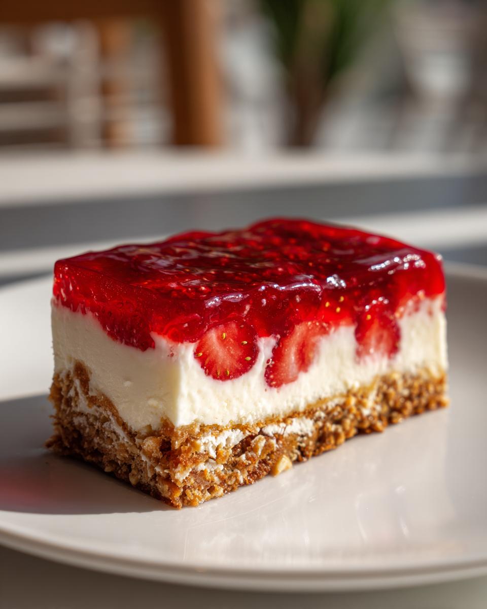 A slice of Strawberry Pretzel Salad featuring layers of pretzel crust, cream cheese filling, strawberries, and gelatin.