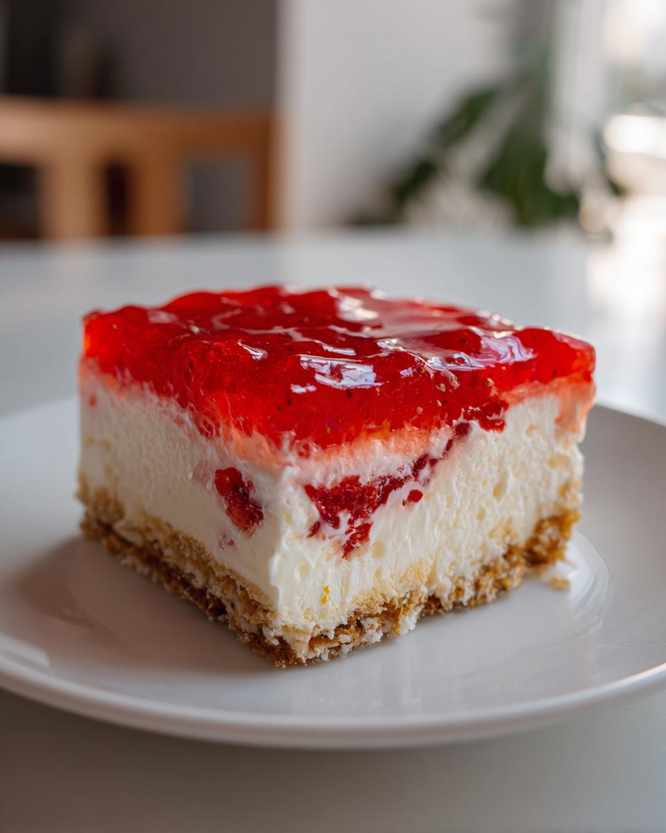 A single slice of Strawberry Pretzel Salad on a white plate, showcasing layers of pretzel crust, cream cheese filling, and strawberry topping.