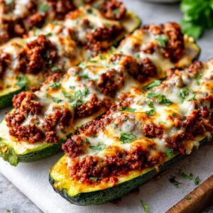 Close-up of cheesy Stuffed Zucchini Boats filled with meat and garnished with fresh parsley.
