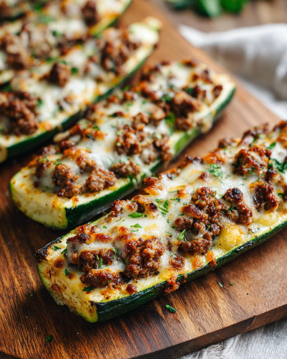 Three stuffed zucchini boats filled with meat and cheese on a wooden board. These are Stuffed Zucchini Boats.