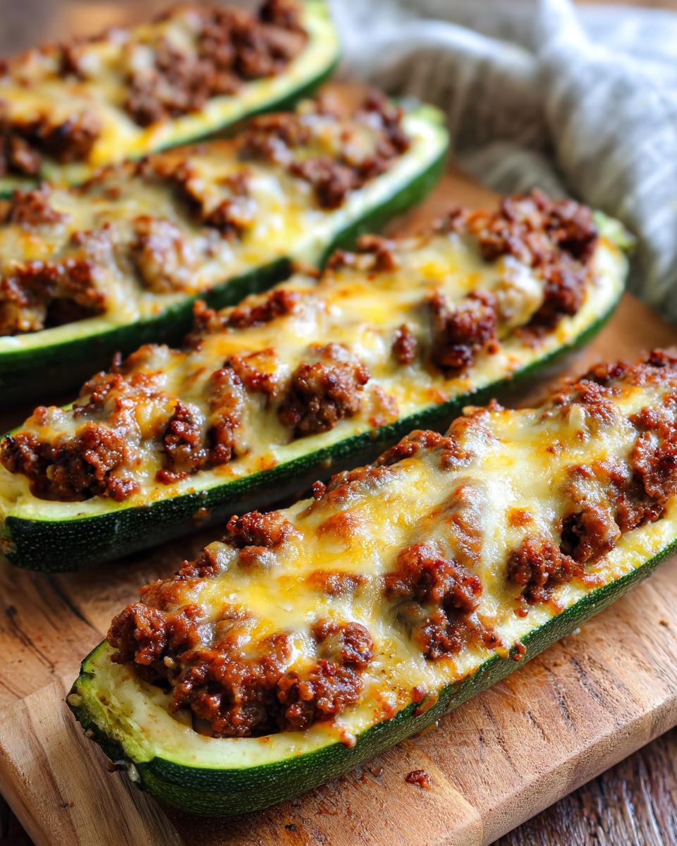 Four stuffed zucchini boats filled with meat and cheese, arranged on a wooden board. Delicious Stuffed Zucchini Boats recipe.
