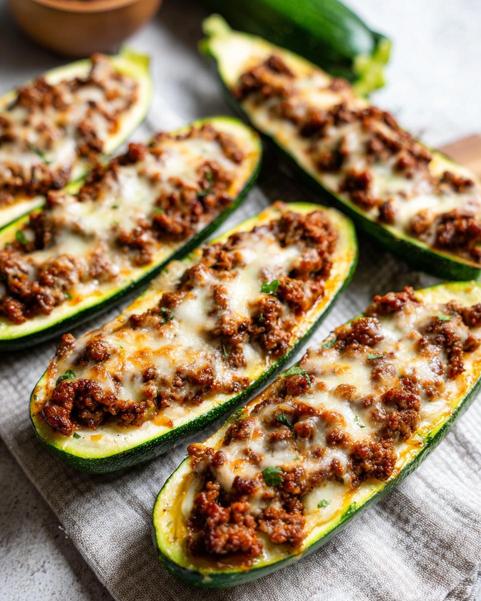 Several Stuffed Zucchini Boats filled with meat and topped with melted cheese on a linen cloth.