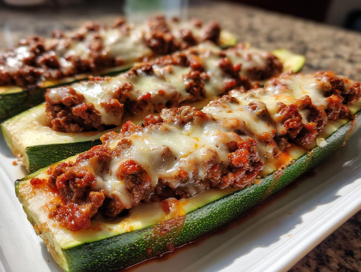 Three Stuffed Zucchini Boats filled with meat and topped with melted cheese on a white plate.