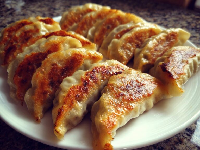 A plate of perfectly seared Traditional Chinese Dumplings, showcasing their golden-brown bottoms and delicate pleats.
