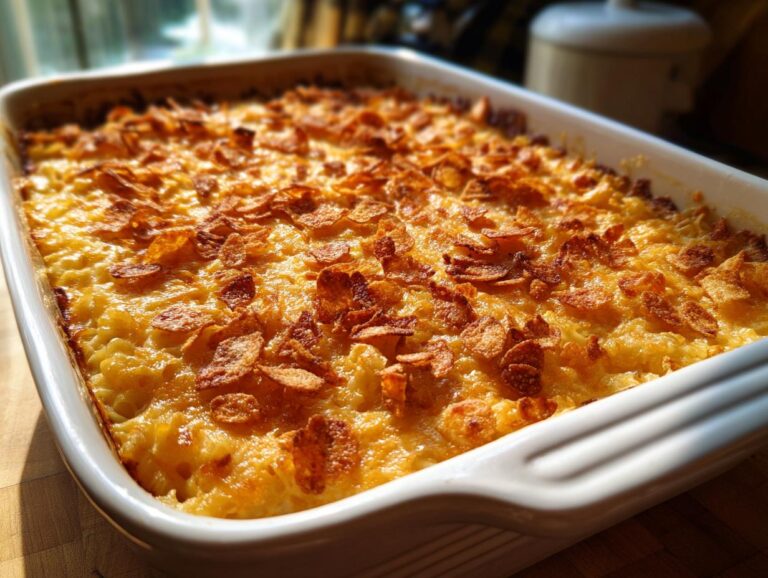 A freshly baked Tuna Casserole in a white baking dish, topped with golden cornflakes.
