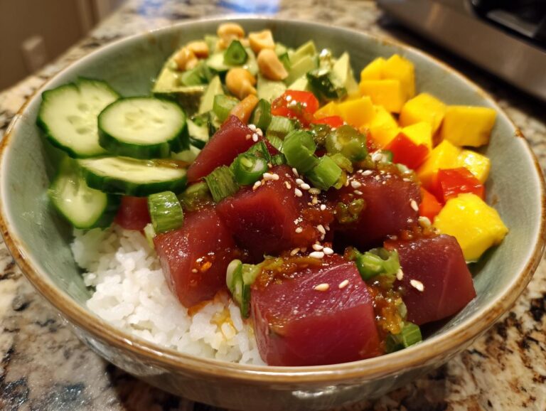 Close-up of a vibrant Tuna Poke Bowl with tuna, rice, mango, avocado, cucumber, and sesame seeds.
