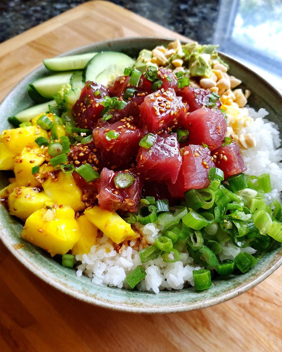 A vibrant Tuna Poke Bowl with rice, tuna, mango, avocado, cucumber, and green onions.