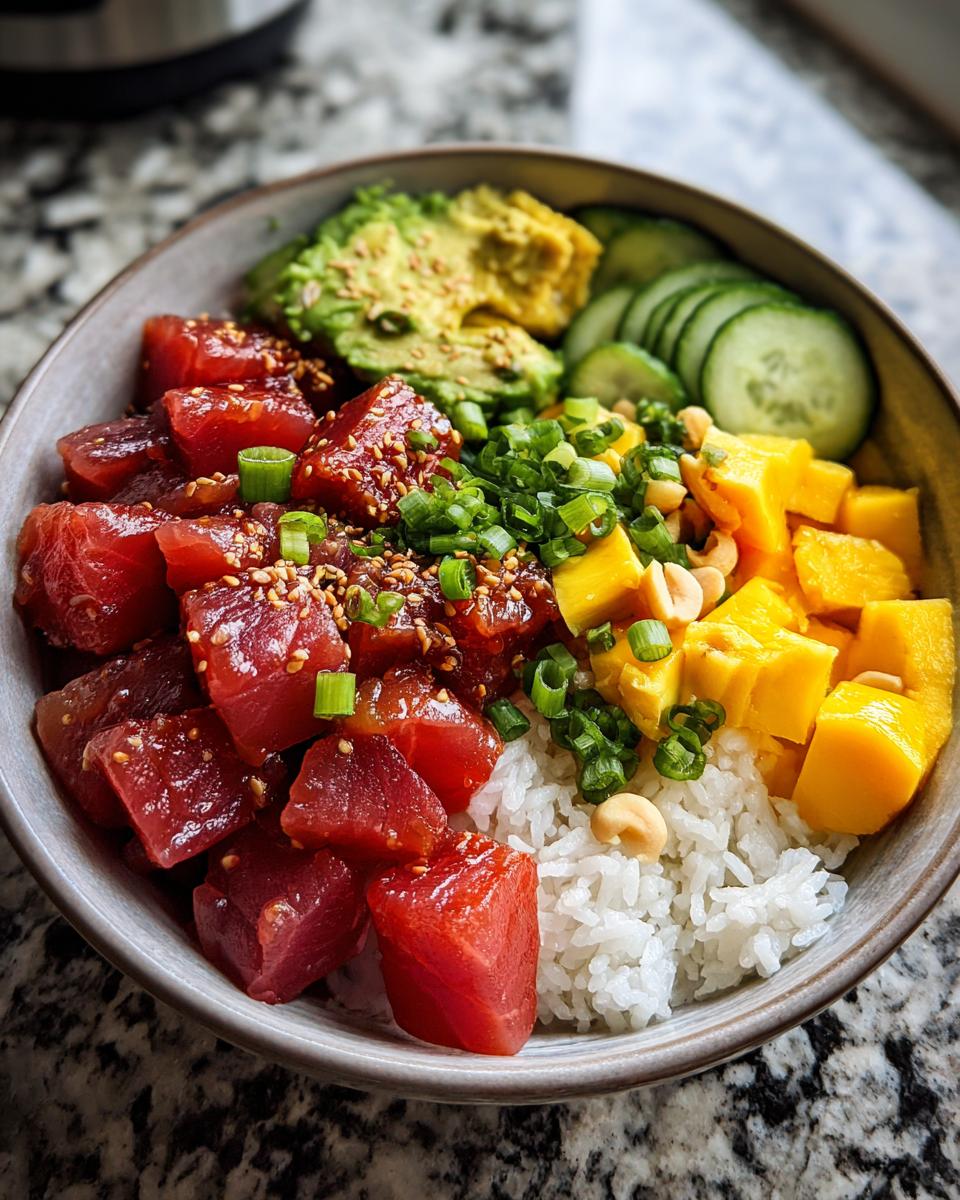 Overhead shot of a vibrant Tuna Poke Bowl with tuna, rice, mango, avocado, cucumber, and green onions.