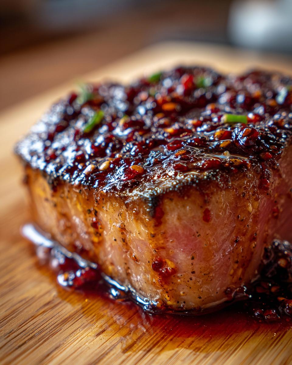 Close-up of a tuna steak with a flavorful MARINADE FOR TUNA STEAK, garnished with herbs.