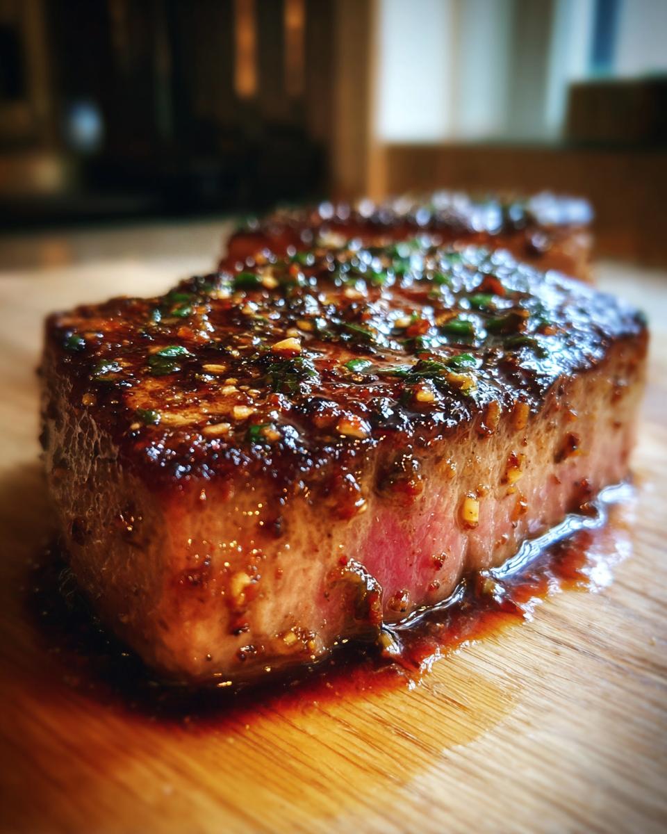 Close-up of a tuna steak with a flavorful marinade, garnished with herbs and spices.