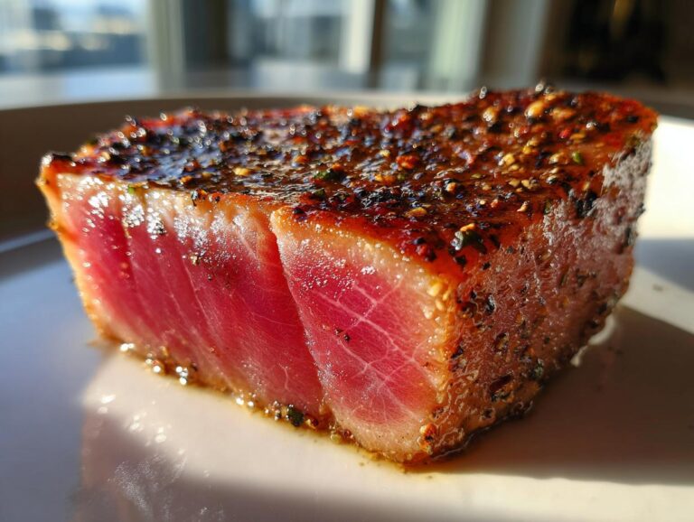 Close-up of seared Tuna Steaks, showing a rare center and seasoned crust on a white plate.