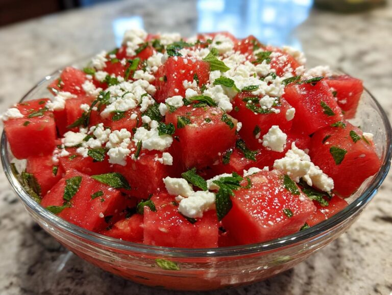 Close-up of a Watermelon Feta Salad in a glass bowl, topped with feta cheese and fresh mint.