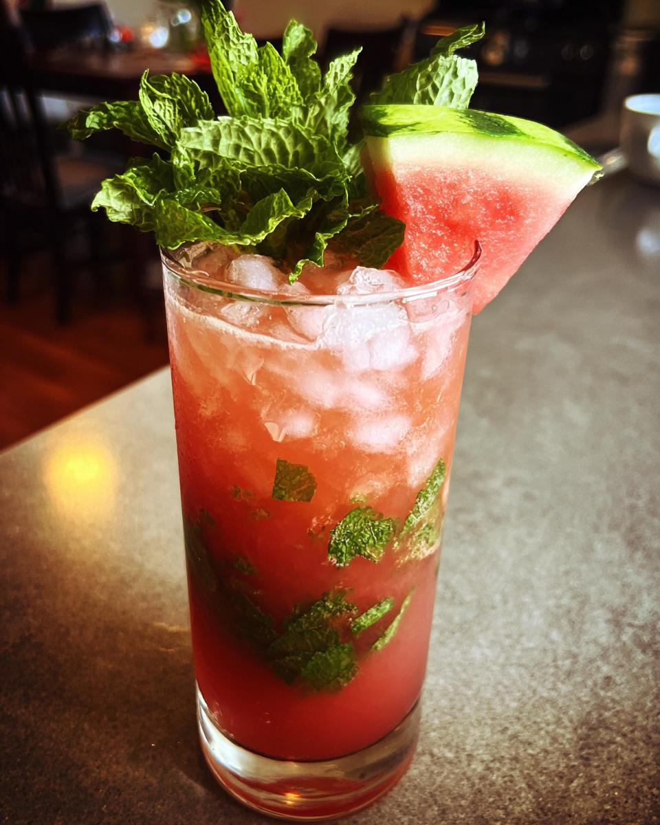 A vibrant Watermelon Mojito in a tall glass, garnished with fresh mint and a watermelon wedge.