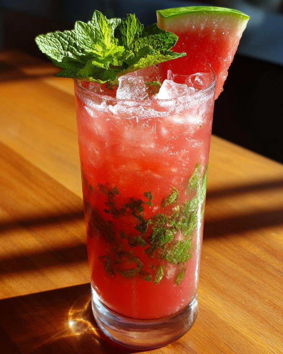 A vibrant Watermelon Mojito in a glass, garnished with fresh mint and a watermelon wedge.