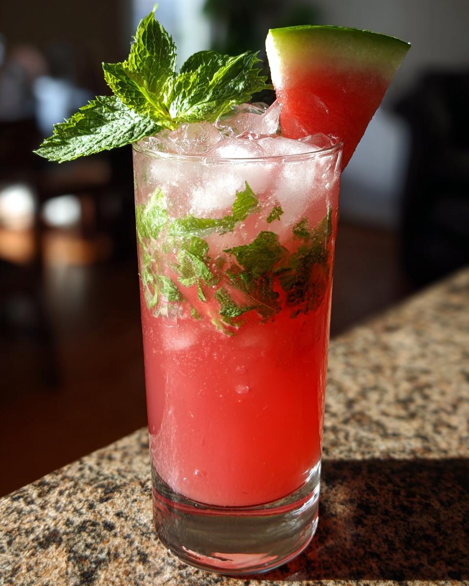 A vibrant Watermelon Mojito in a glass, garnished with fresh mint and a watermelon wedge.
