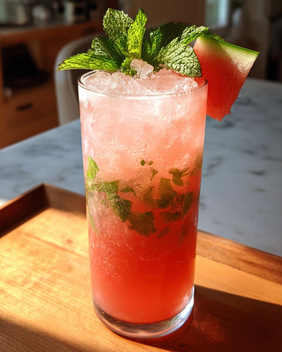 Tall glass of Watermelon Mojito with crushed ice, mint, and a watermelon wedge garnish.