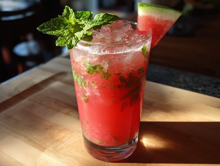 A vibrant Watermelon Mojito garnished with fresh mint and a watermelon wedge, served in a tall glass with ice.