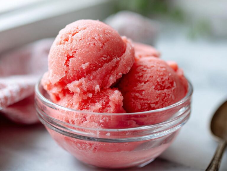 Close-up of a glass bowl filled with scoops of homemade Watermelon Sorbet, a refreshing summer treat.