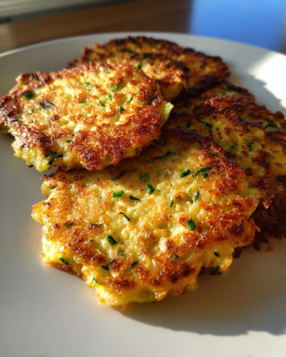 A plate of golden brown Zucchini Fritters, garnished with fresh chives, ready to eat.