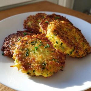 A plate of golden, crispy zucchini fritters, garnished with herbs. Delicious and ready to eat!