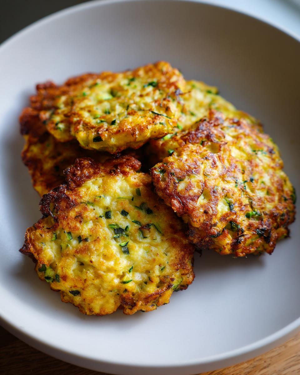 A stack of golden brown zucchini fritters on a plate, ready to be enjoyed.