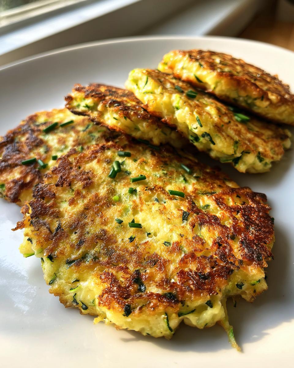 A stack of golden brown zucchini fritters on a white plate, garnished with fresh chives.
