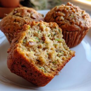 Close-up of moist Zucchini Muffins on a white plate, one muffin broken open to show the texture and walnuts.
