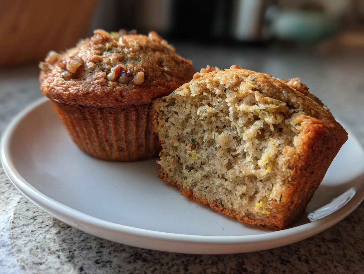 Two zucchini muffins on a white plate, one cut in half to show the moist interior. Topped with nuts.