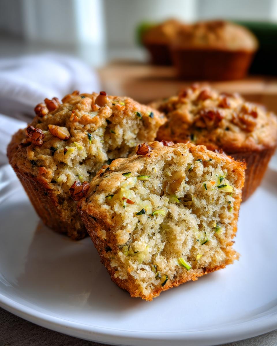 Close-up of zucchini muffins, one split open to show the moist interior and zucchini shreds, topped with walnuts.