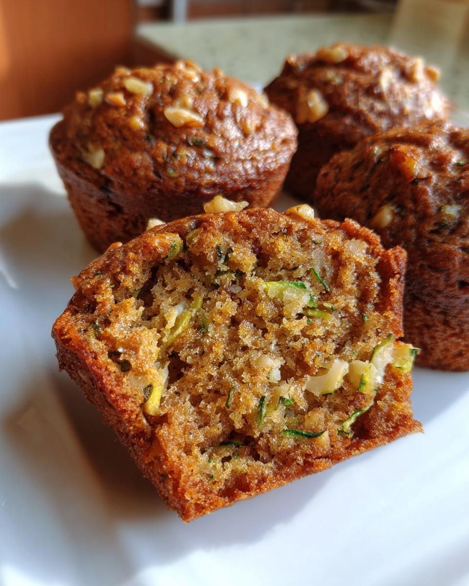 Close-up of Zucchini Muffins, one cut in half to show the moist interior with visible zucchini and walnuts.