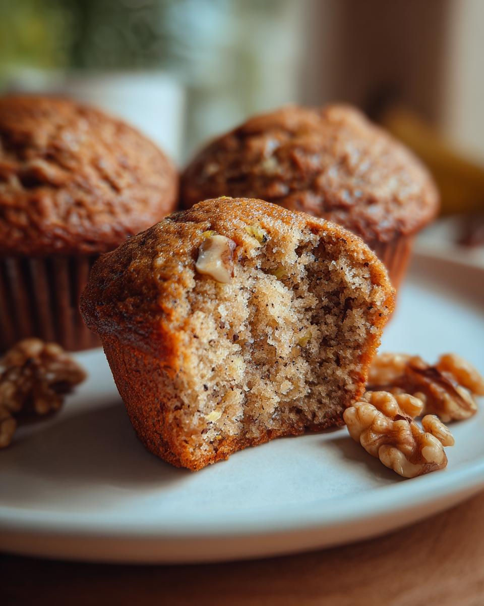 Close-up of a halved zucchini muffin with walnuts on a plate, showcasing its moist texture.