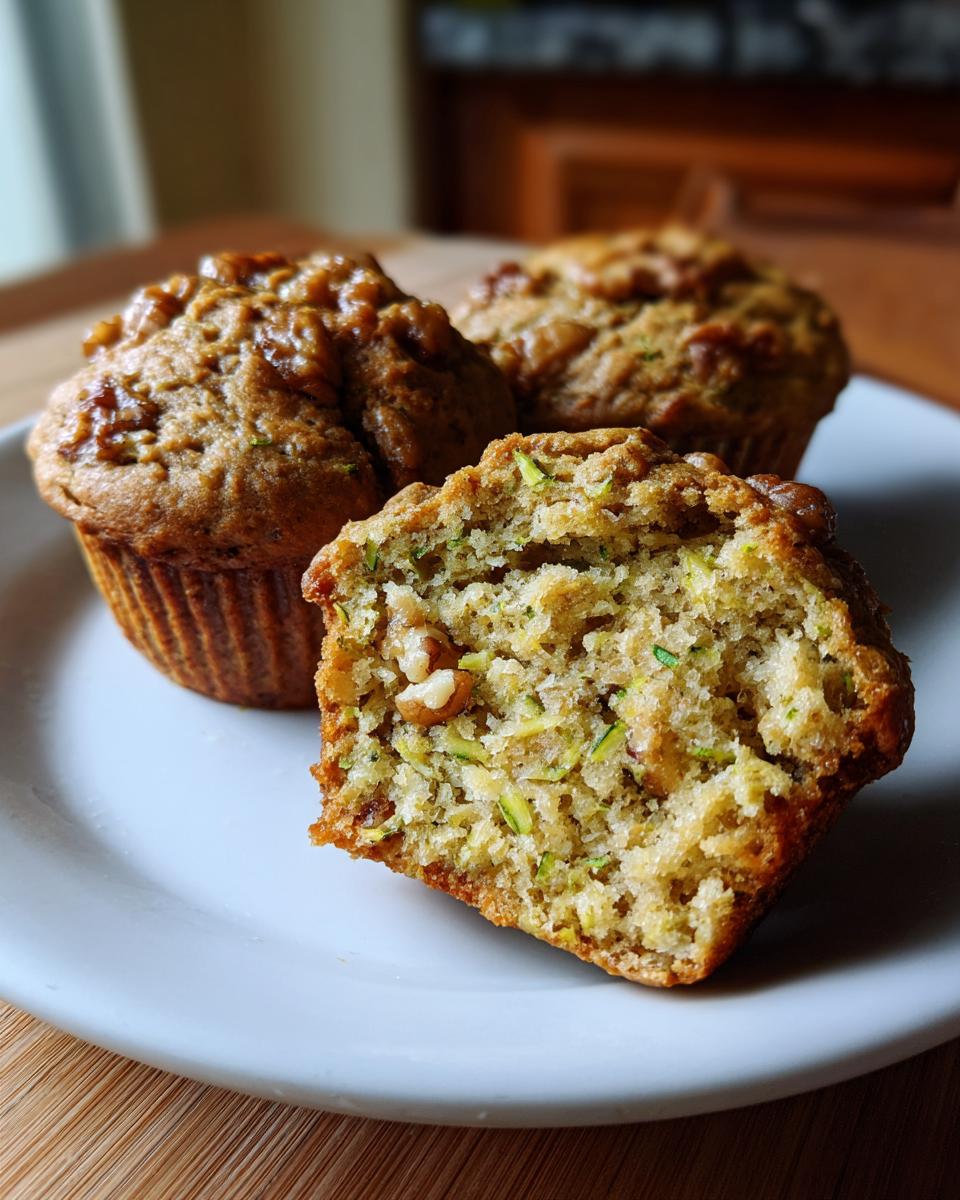 Three zucchini muffins on a plate, one cut in half to show the moist interior with zucchini and nuts.
