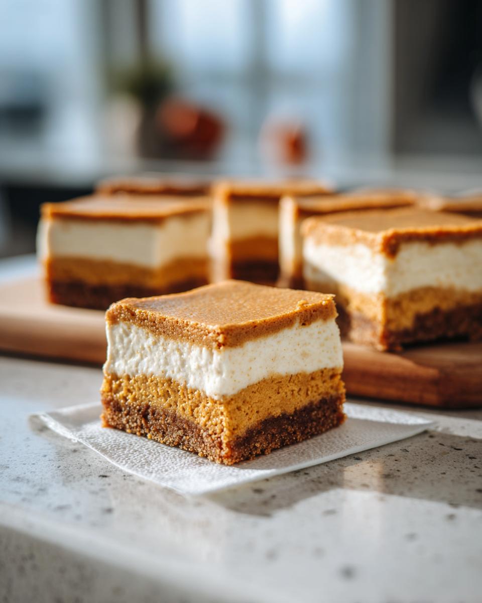 A close-up of a perfect slice of 4-ingredient pumpkin cheesecake bars with a creamy white layer and a rich pumpkin layer.