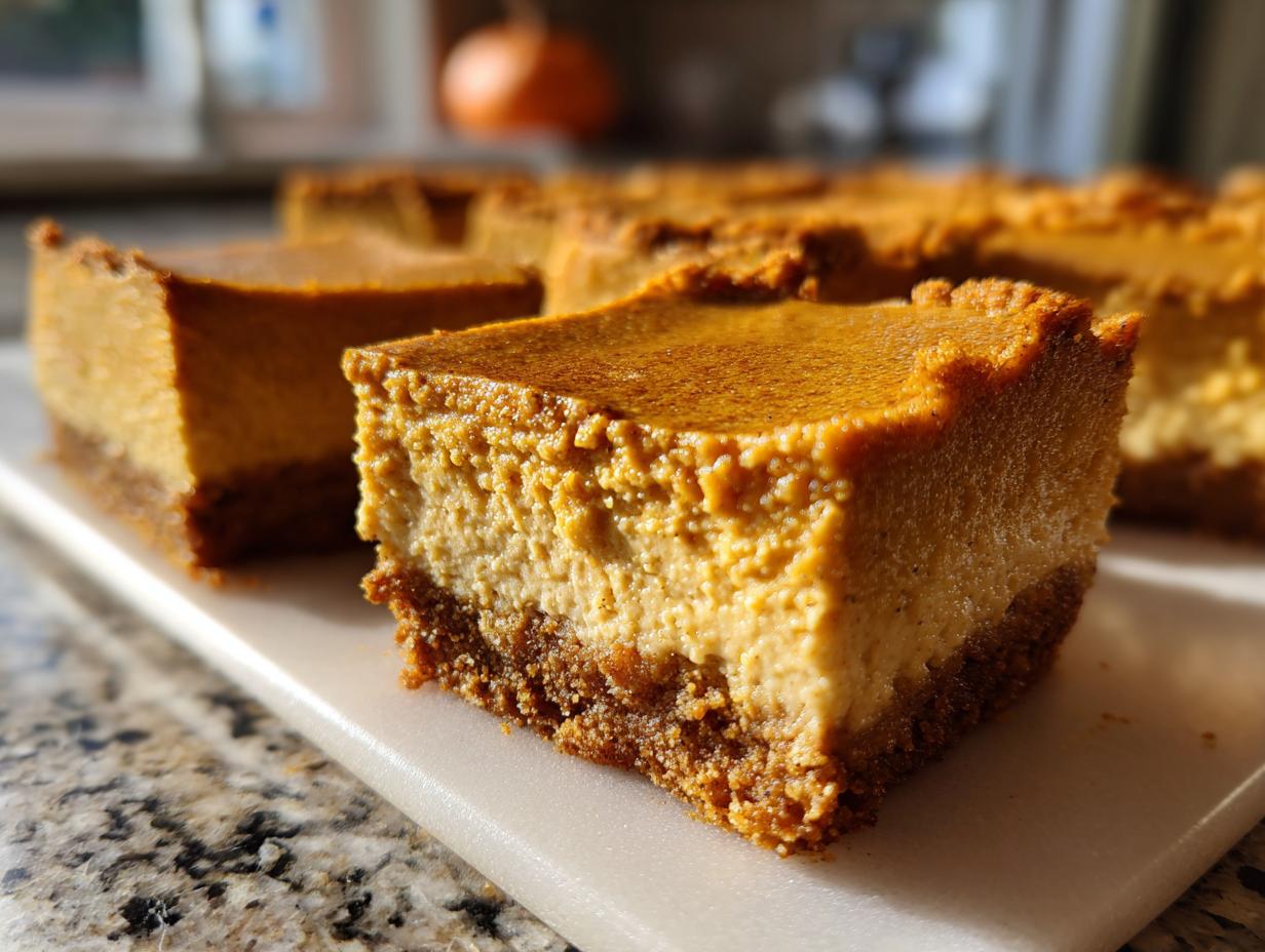Close-up of a slice of 4-ingredient pumpkin cheesecake bars with a graham cracker crust.