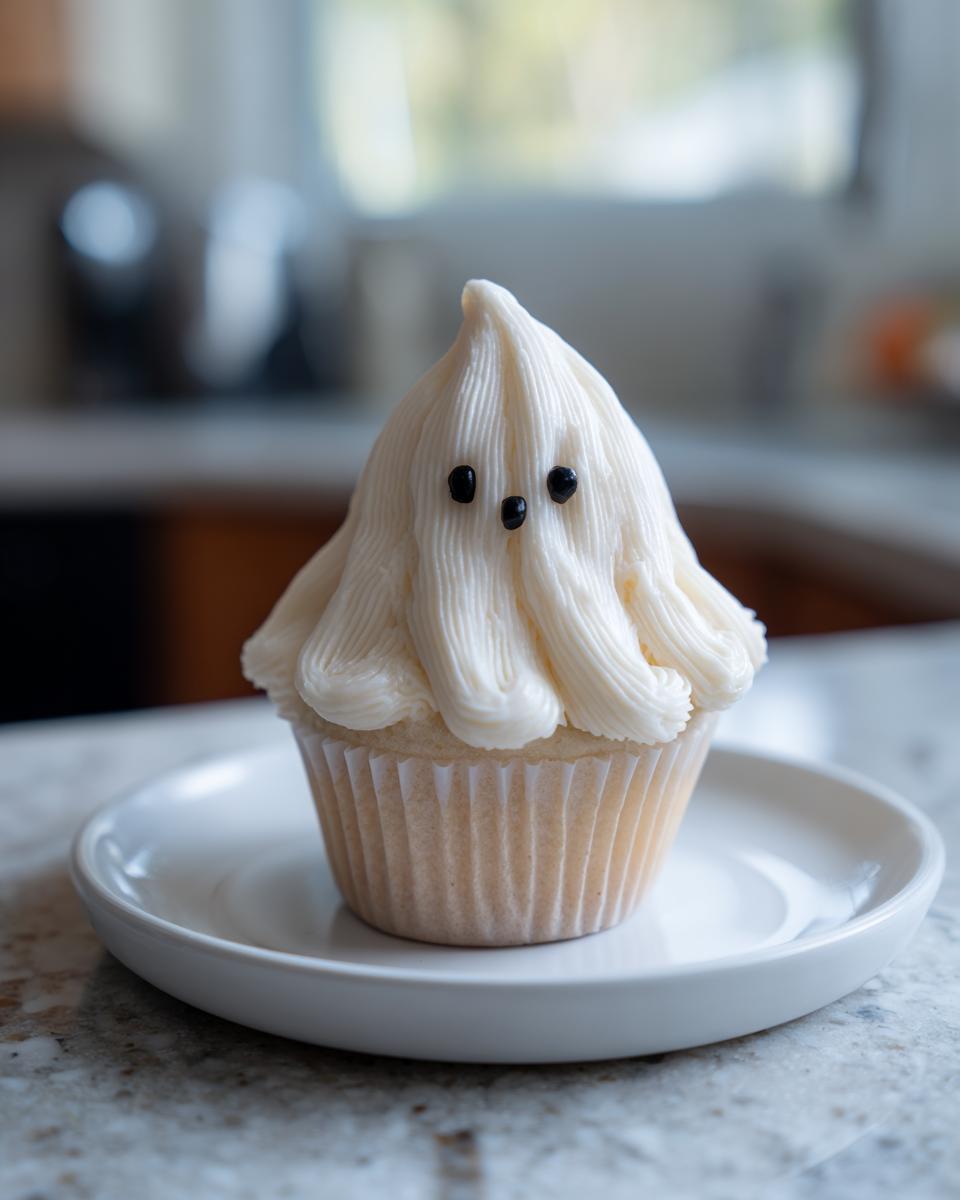 A single adorable ghost cupcake with white frosting and black candy eyes, perfect for Halloween.