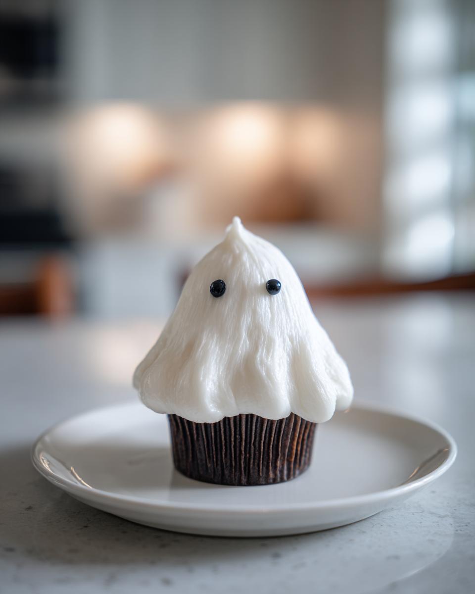 A single adorable ghost cupcake with white frosting and two black eyes, placed on a white plate.
