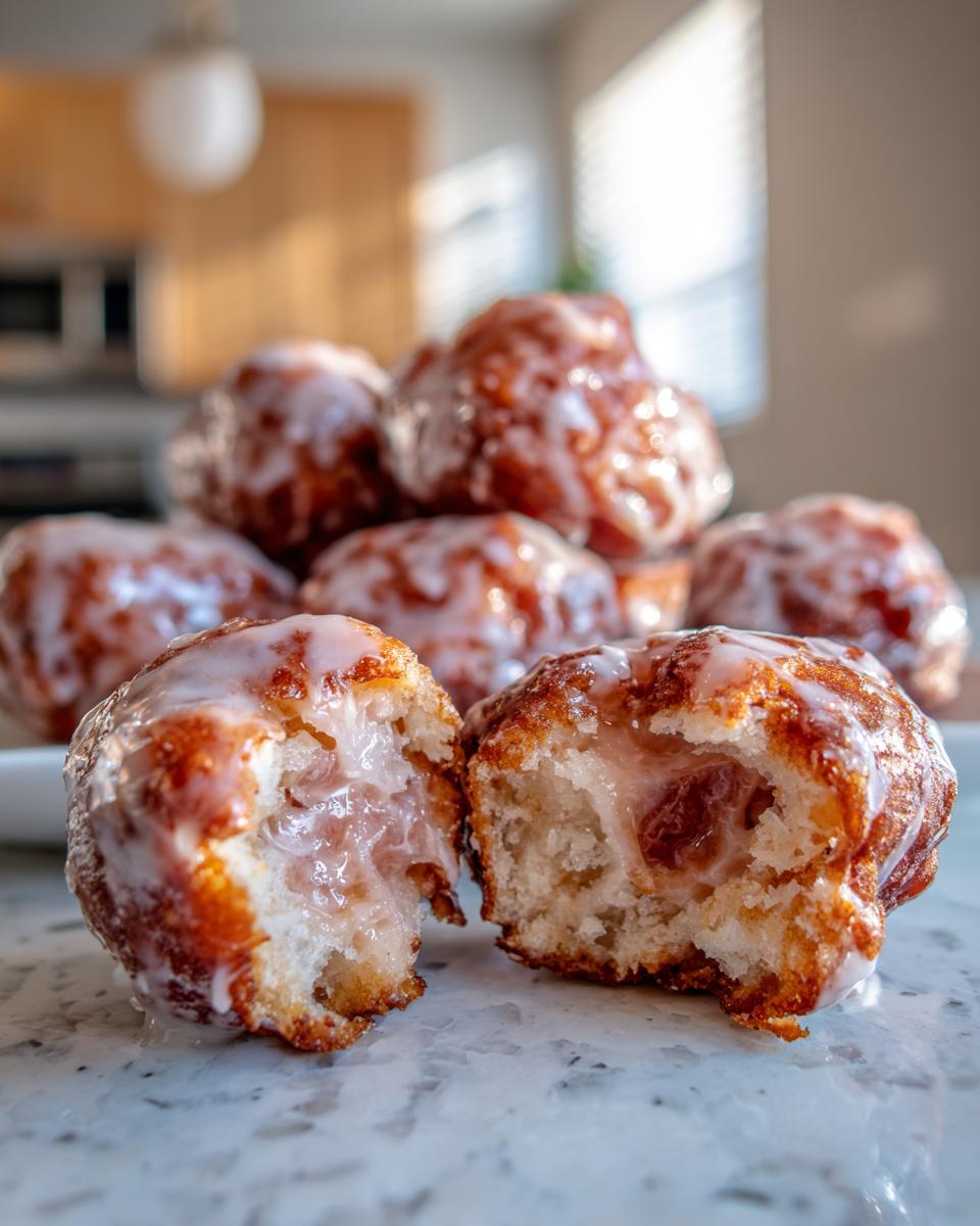 A close-up of delicious apple fritters, one split open to reveal the soft, apple-filled interior, all drizzled with a sweet glaze.