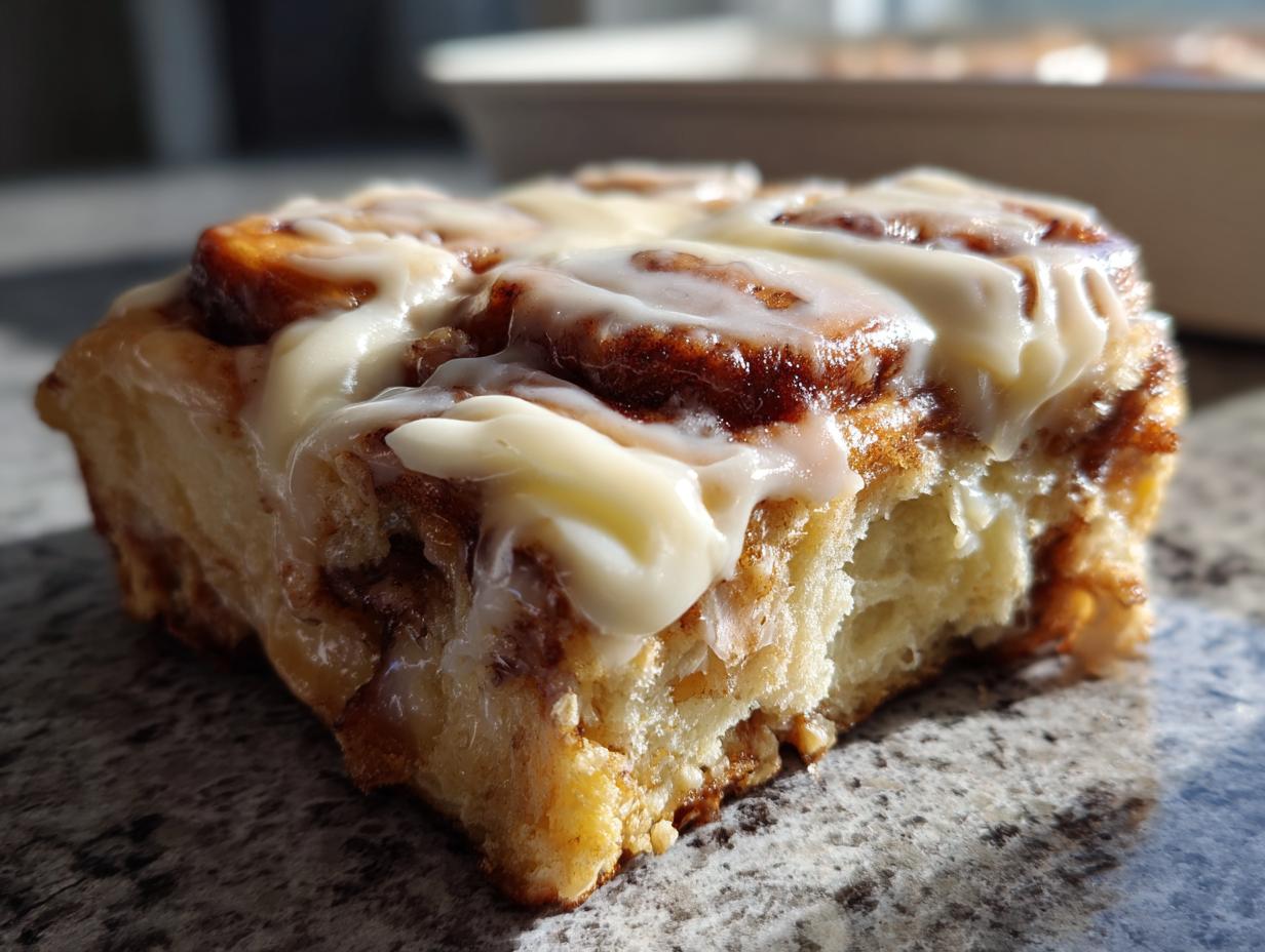 Close-up of a delicious cinnamon roll with creamy white frosting and visible cinnamon swirl.