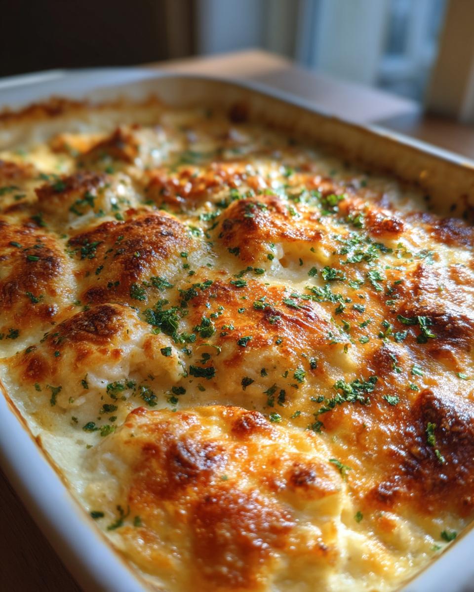 Close-up of a bubbly and golden brown crab dip, topped with fresh parsley, in a white baking dish.