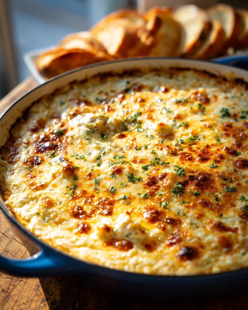 Close-up of a bubbly, golden-brown baked crab dip in a blue dish, garnished with parsley, with toasted bread slices in the background.