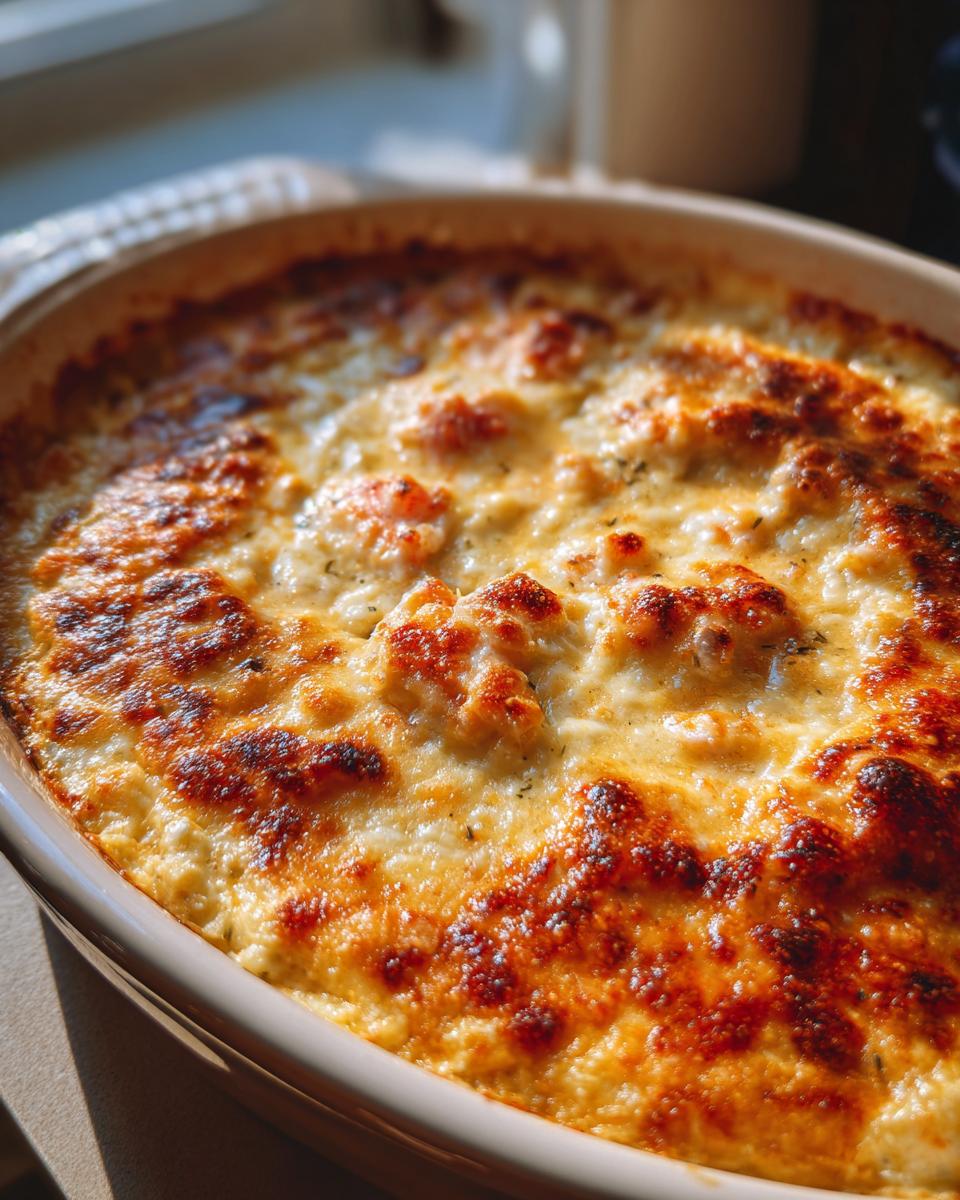 Close-up of a bubbly and golden brown baked crab dip in an oval dish.