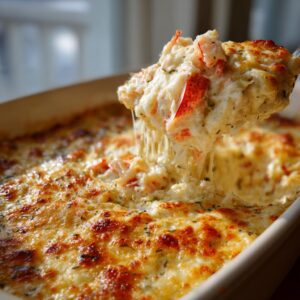 A scoop of hot, cheesy crab dip being lifted from a baking dish, showing generous chunks of crab meat.