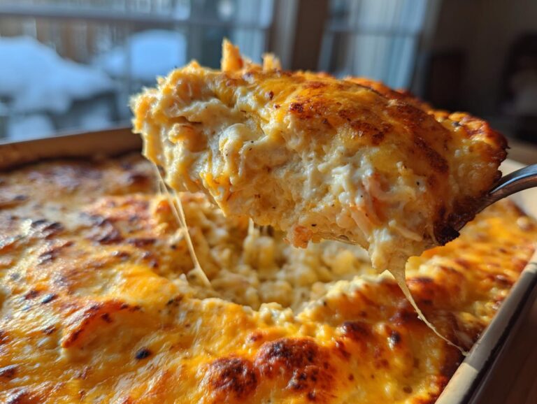 A spoonful of cheesy crab dip being lifted from a baking dish, showing melted cheese strings.