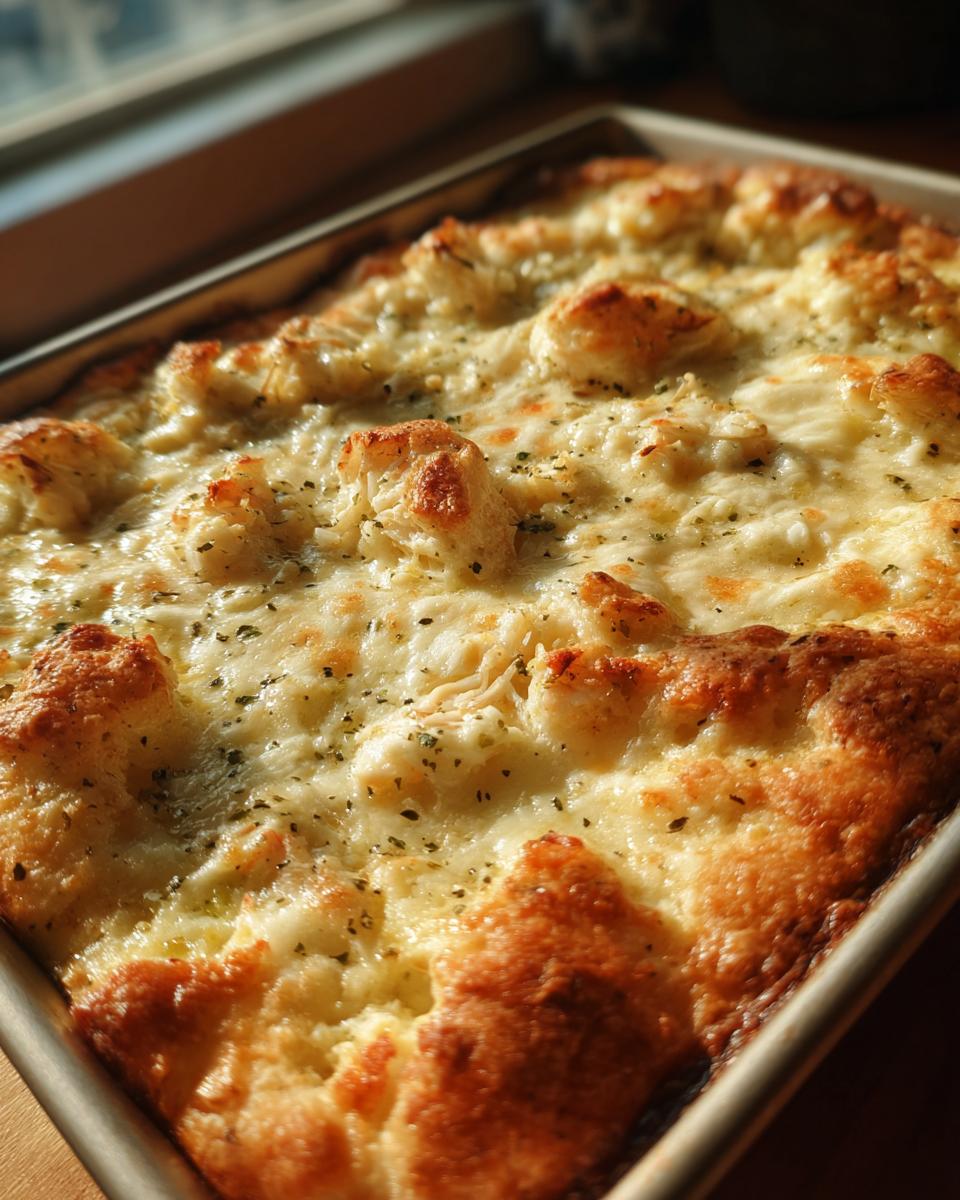 Close-up of bubbly, golden-brown crab dip with visible lumps of crab meat and herbs in a baking dish.