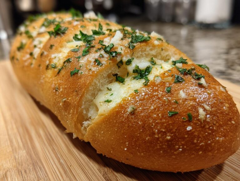 A golden brown loaf of delicious garlic bread, topped with fresh parsley and minced garlic.