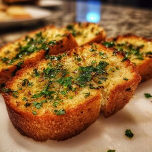 Close-up of golden brown garlic bread slices topped with melted butter, garlic, and fresh parsley.