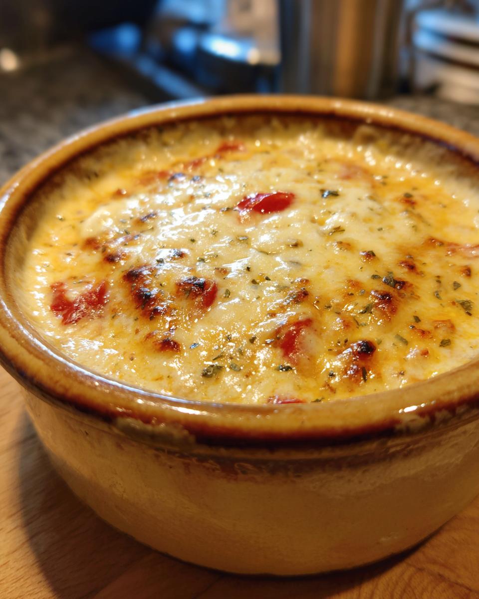 Close-up of a bubbling bowl of Amazing Queso Dip, topped with melted cheese, diced tomatoes, and herbs.