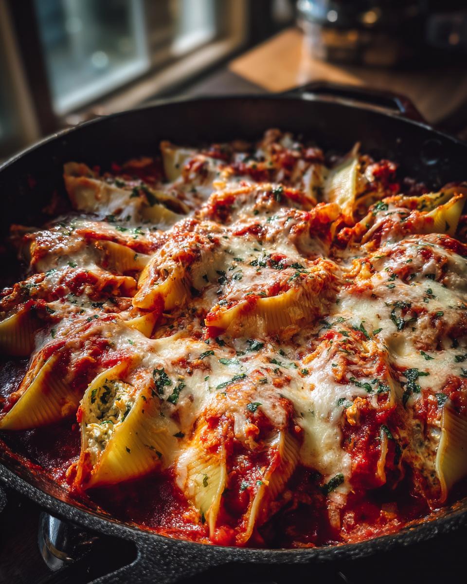 Close-up of baked stuffed shells in a skillet, covered in marinara sauce and melted mozzarella cheese, garnished with parsley.