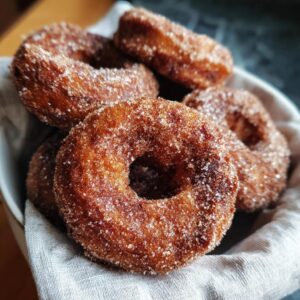 A close-up of a bowl filled with freshly made apple cider donuts, generously coated in cinnamon sugar.